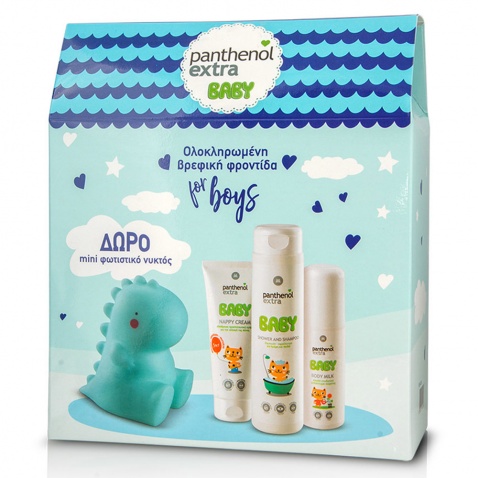 Panthenol Extra Promo Pack Baby Kit for Boys – Shower & Shampoo 300ml, Body Milk 100ml & Nappy Cream 100ml & ΔΩΡΟ Mini Φωτιστικό Νυκτός Δεινόσαυρος